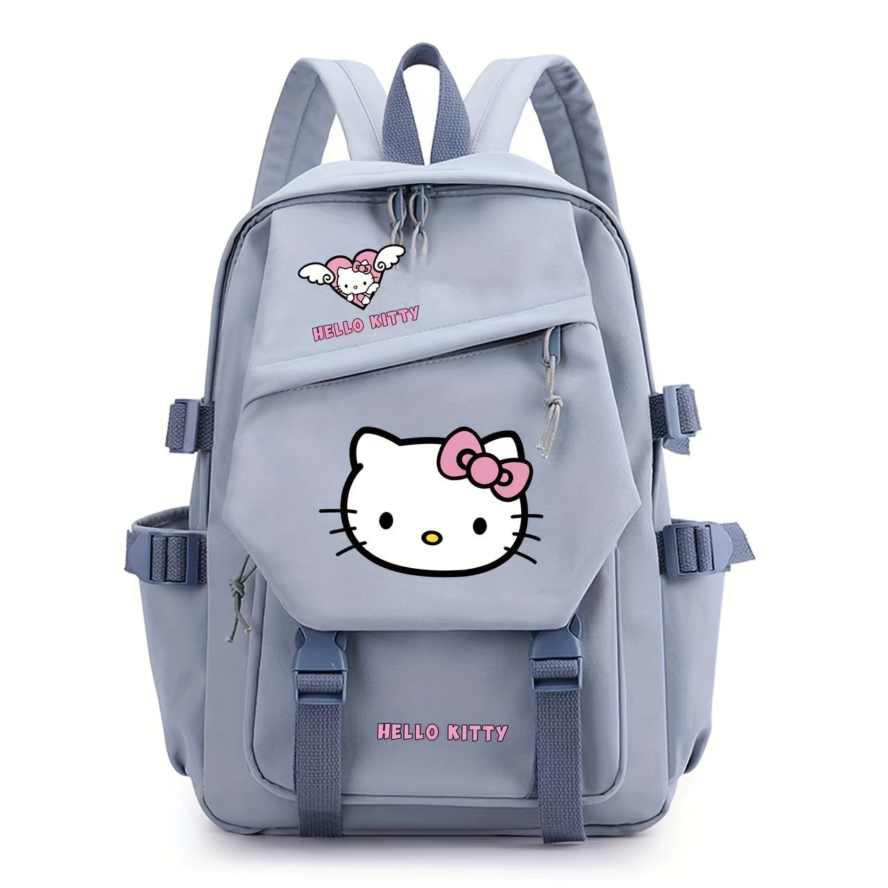 Sac à dos Hello Kitty gris avec motif chat, poches multiples et bretelles réglables. Accessoire mode enfant, tendance et pratique.