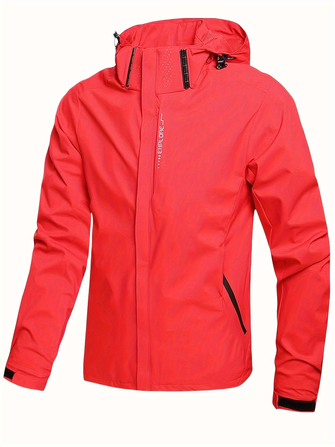 Veste imperméable rouge pour homme avec capuche, fermeture éclair noire, idéale pour randonnée et activités extérieures. Style moderne et fonctionnel.