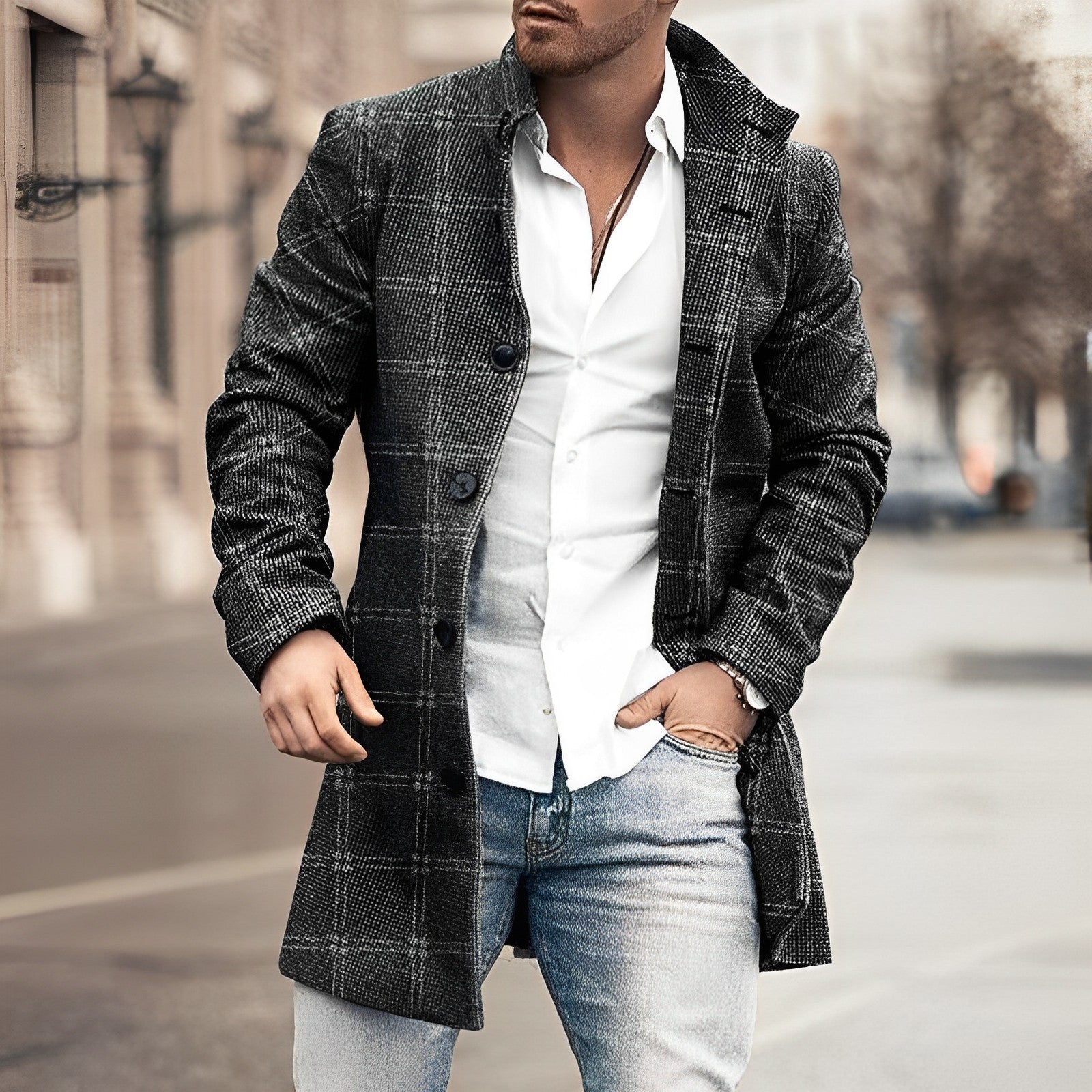 Homme en manteau à carreaux gris, chemise blanche et jean, marchant en ville. Mode masculine élégante, style urbain chic, tendance automne-hiver.