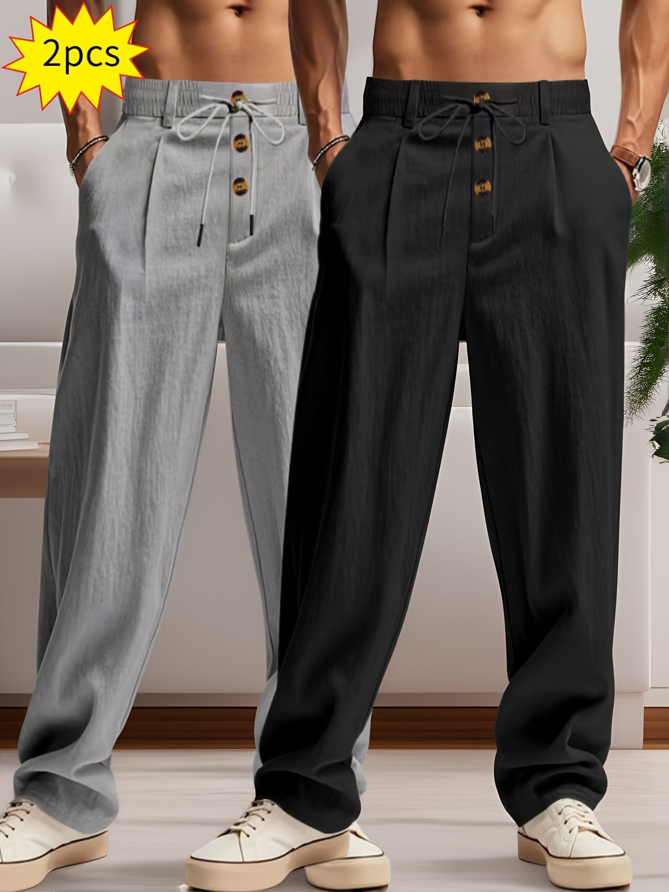 Pantalons décontractés pour hommes, gris et noir, avec cordon de serrage et boutons en bois, vendus par lot de 2, style moderne et confortable.