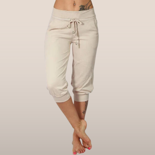 Pantalon capri beige pour femme, taille basse, avec cordon de serrage, idéal pour l'été et les tenues décontractées.