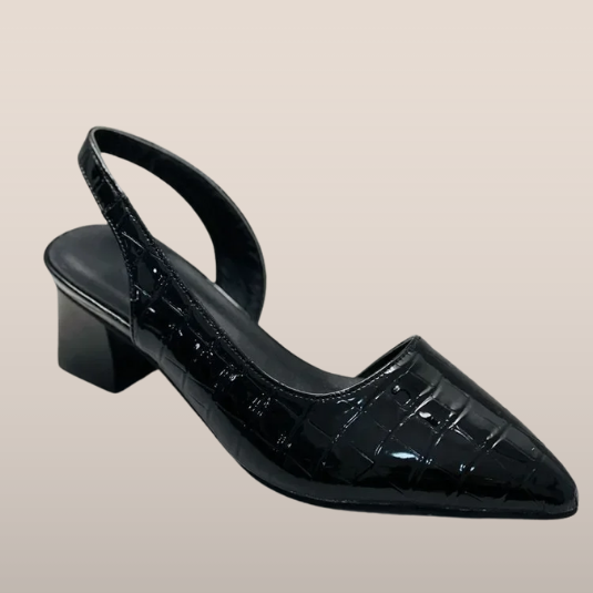 Escarpin noir verni à talon carré, motif croco, bride arrière. Chaussure élégante pour femme, idéale pour soirées et tenues habillées.