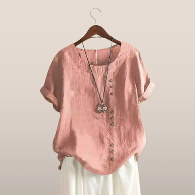 Blusa de lino para mujer - Cierre asimétrico con botones - Mangas cortas