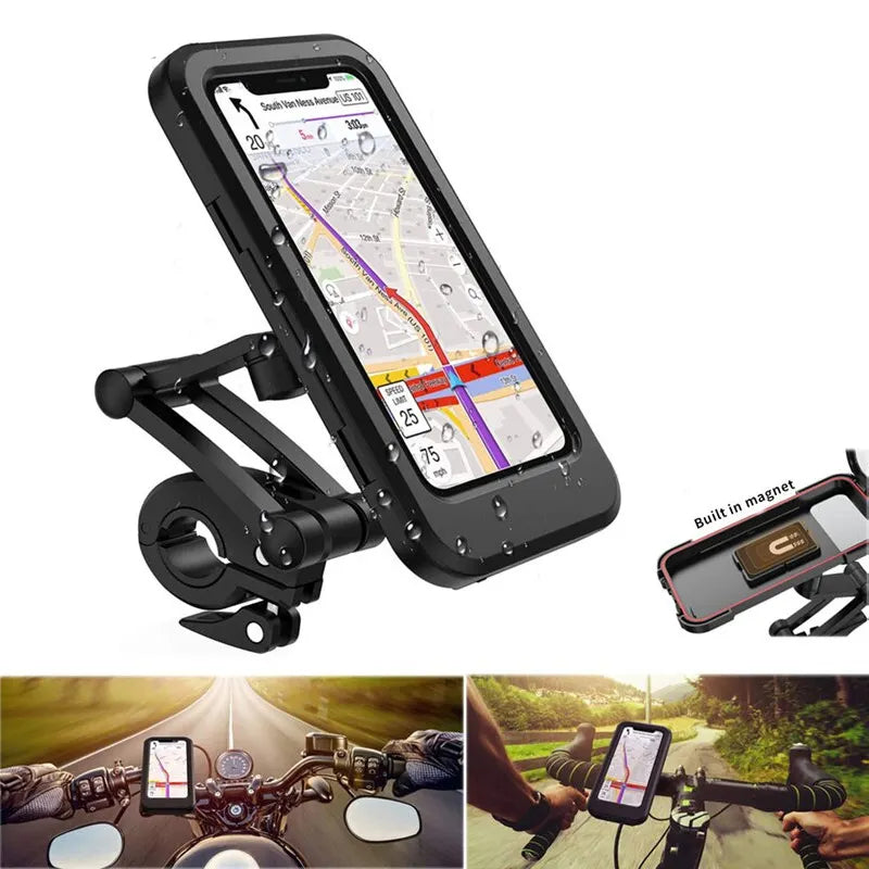 Support téléphone étanche pour vélo avec GPS affiché, monté sur guidon. Accessoire vélo essentiel, résistant à l'eau, idéal pour navigation en plein air.
