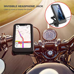 Support téléphone moto étanche avec écran tactile, monté sur guidon, affichant une carte GPS. Accessoire idéal pour navigation et sécurité en moto.