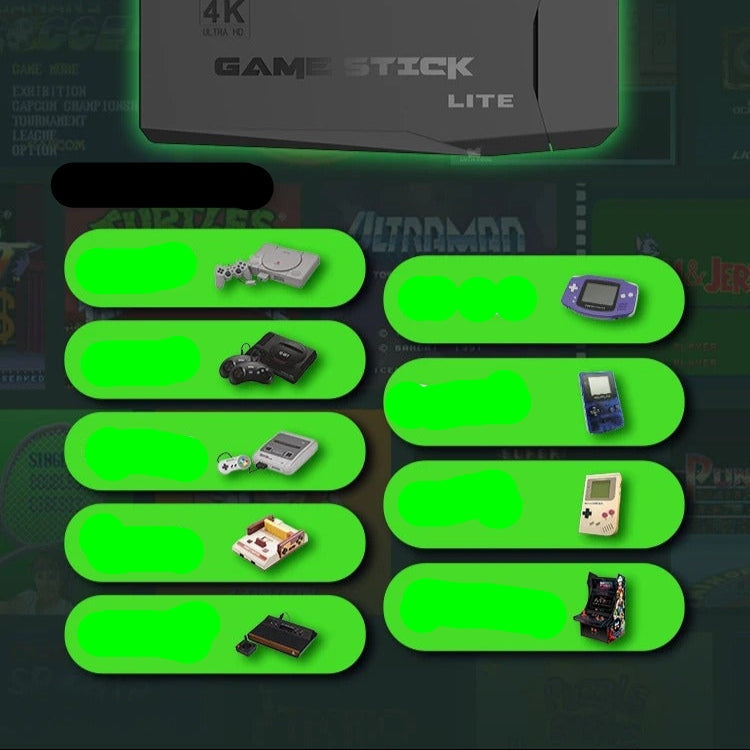 Console de jeu rétro avec manettes et cartouches, affichée sur fond vert. Inclut des modèles classiques comme Game Boy et PlayStation.