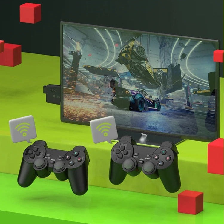 Deux manettes de jeu sans fil noires devant un écran affichant un jeu de course futuriste, cubes rouges en arrière-plan.