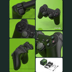 Manette de jeu noire sur fond vert, boutons colorés, design ergonomique, compatible PlayStation, Xbox, avec câble USB et boîte d'emballage.
