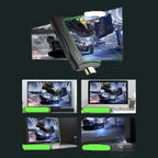 Clé HDMI sans fil connectée à un écran affichant un jeu vidéo de course futuriste, montrant des voitures et des vaisseaux spatiaux en action.