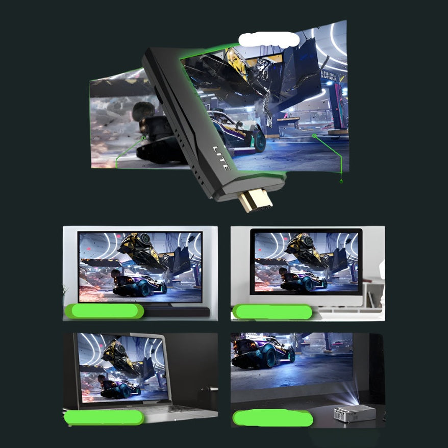 Clé HDMI sans fil connectée à un écran affichant un jeu vidéo de course futuriste, montrant des voitures et des vaisseaux spatiaux en action.