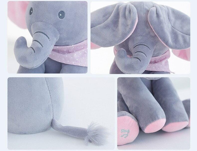Peluche éléphant gris avec oreilles et pattes roses, détails en tissu à pois, queue touffue, idéal pour chambre d'enfant et cadeau naissance.