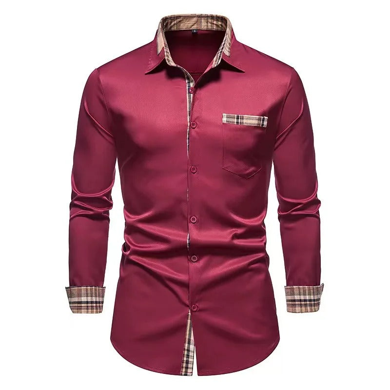 Chemise homme rouge bordeaux en satin, manches longues, col et poignets à motif écossais, poche poitrine, élégante et moderne.
