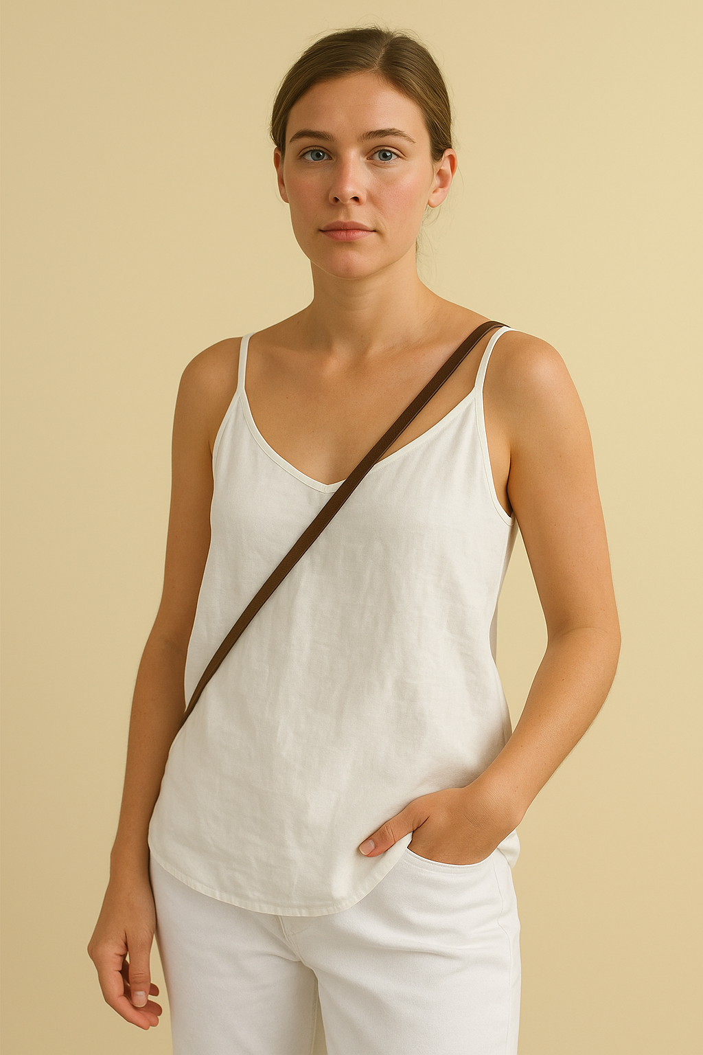 Femme portant un débardeur blanc et un sac en bandoulière marron, posant devant un fond beige. Mode féminine, style décontracté, tenue estivale.