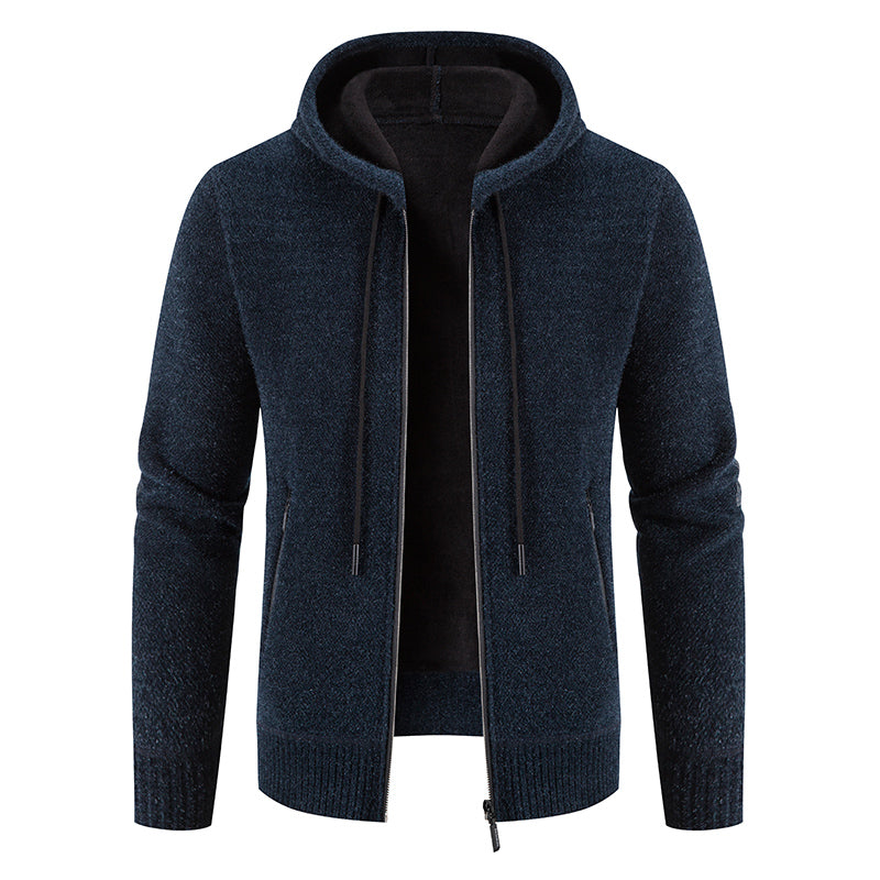 Veste à capuche en laine bleu marine pour homme, fermeture éclair, manches longues, style décontracté, idéale pour l'automne et l'hiver.