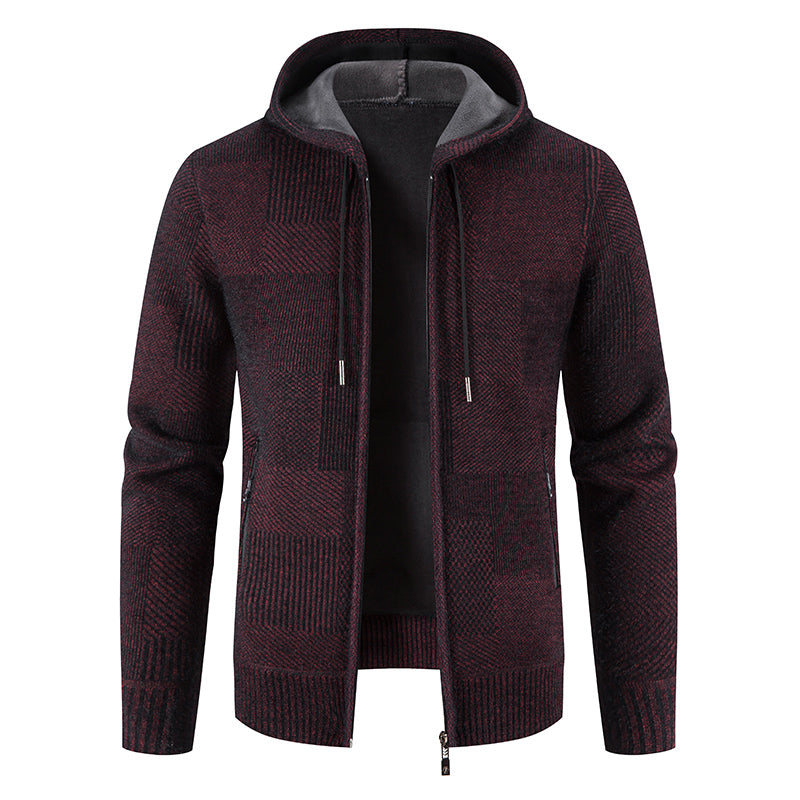 Veste à capuche en laine pour homme, couleur bordeaux, fermeture éclair, design moderne, idéale pour l'hiver, mode masculine élégante et confortable.