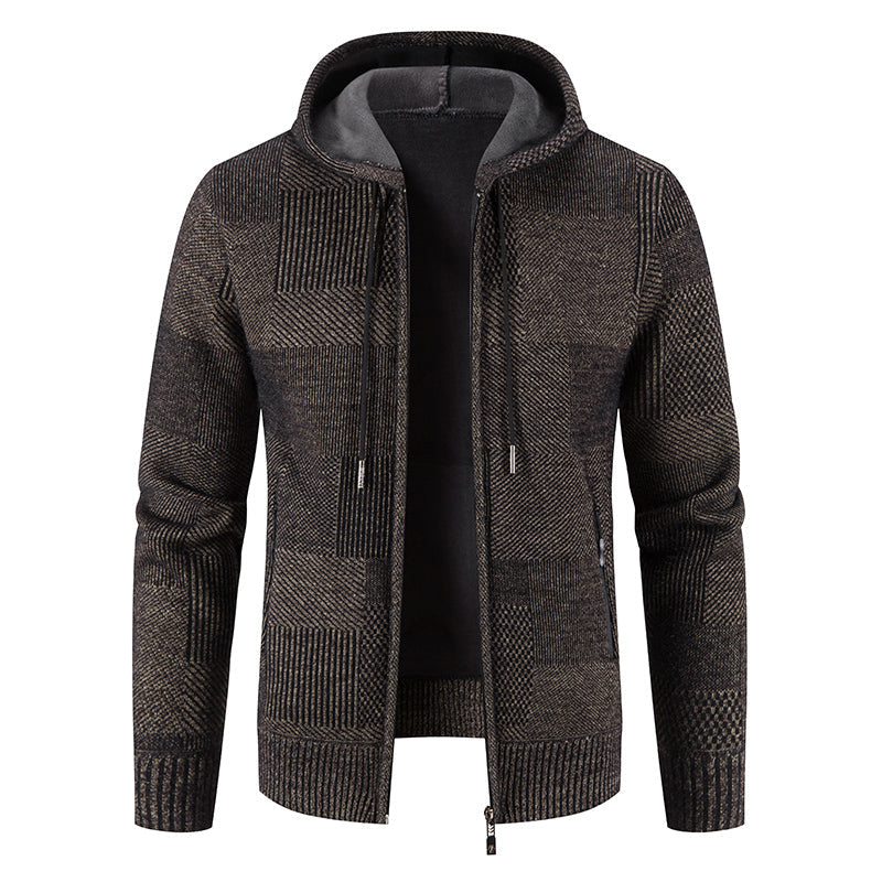 Veste en tricot pour homme, motif patchwork, couleur marron et noir, fermeture éclair, capuche, style décontracté, automne-hiver.