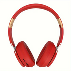 Casque audio sans fil rouge élégant avec arceau rembourré et oreillettes confortables, idéal pour musique haute qualité et appels mains libres.