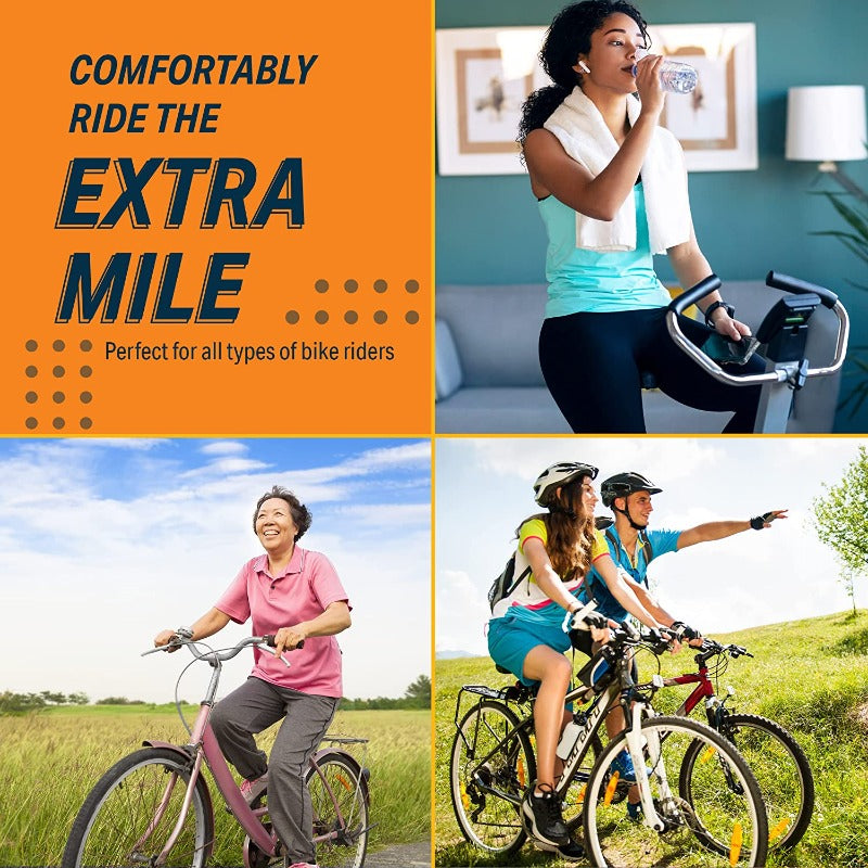 Publicité de vélo avec trois images : femme sur vélo d'appartement, femme âgée à vélo dans un champ, deux cyclistes en plein air. Texte : "Comfortably Ride the Extra Mile".