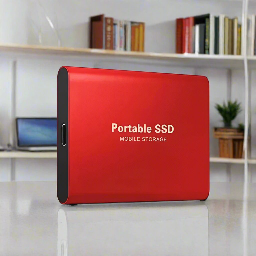 SSD portable rouge sur un bureau moderne, stockage mobile rapide, design élégant, idéal pour sauvegarde de données et transfert rapide, technologie USB-C.