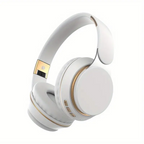 Casque audio sans fil blanc avec accents dorés, design moderne et élégant, idéal pour musique haute qualité et appels mains libres.