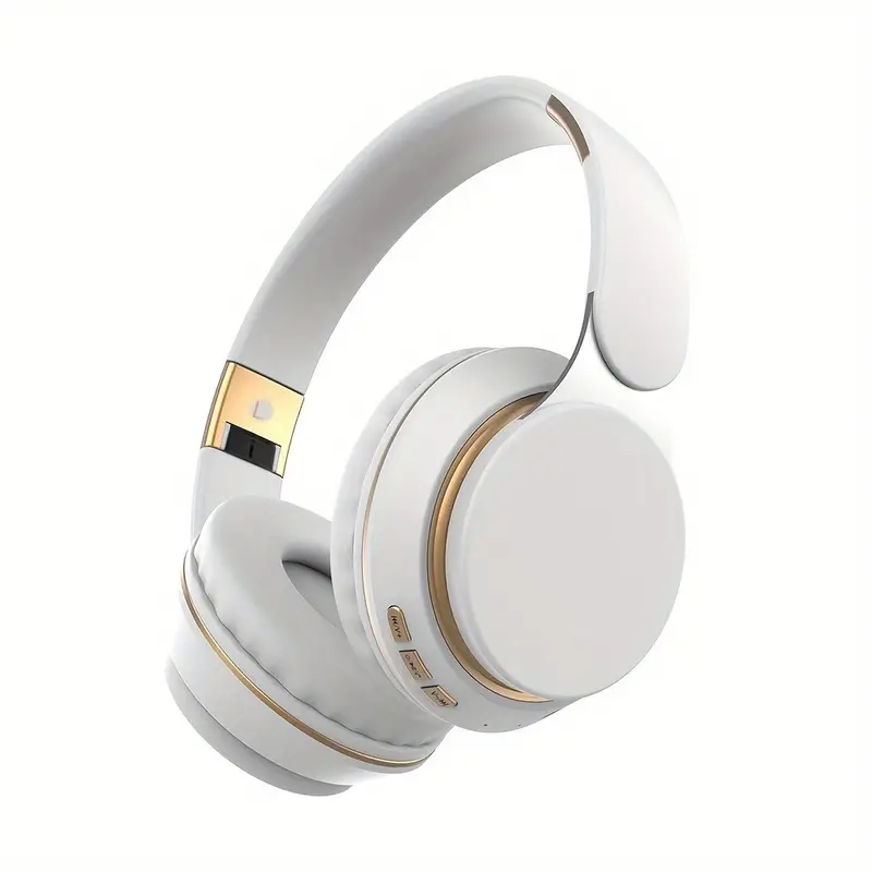 Casque audio sans fil blanc avec accents dorés, design moderne et élégant, idéal pour musique haute qualité et appels mains libres.