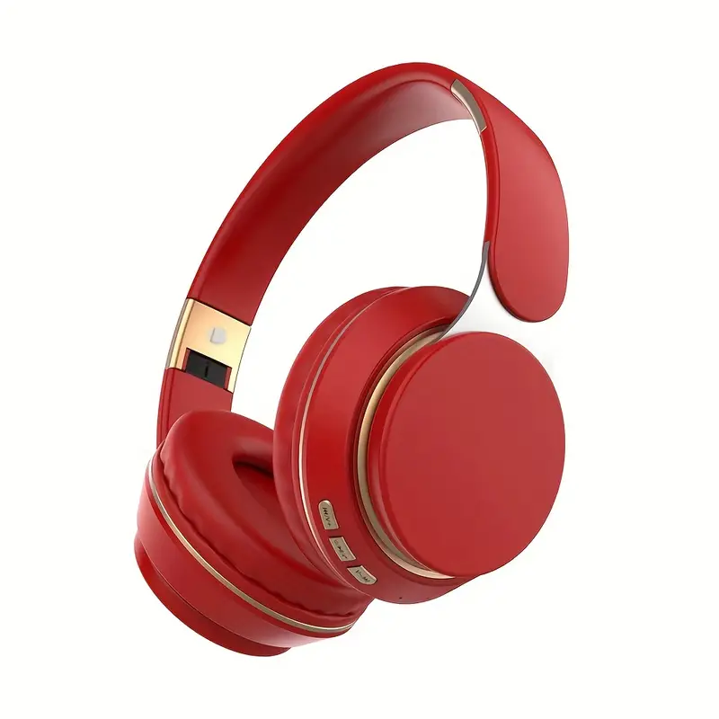 Casque audio sans fil rouge élégant avec coussinets rembourrés, arceau ajustable et commandes intégrées, idéal pour musique et appels.