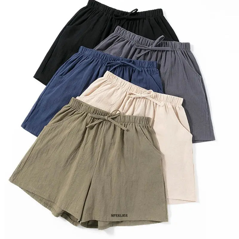 Shorts en lin pour hommes, disponibles en cinq couleurs : noir, gris, bleu, beige et kaki. Confortables et légers, parfaits pour l'été.