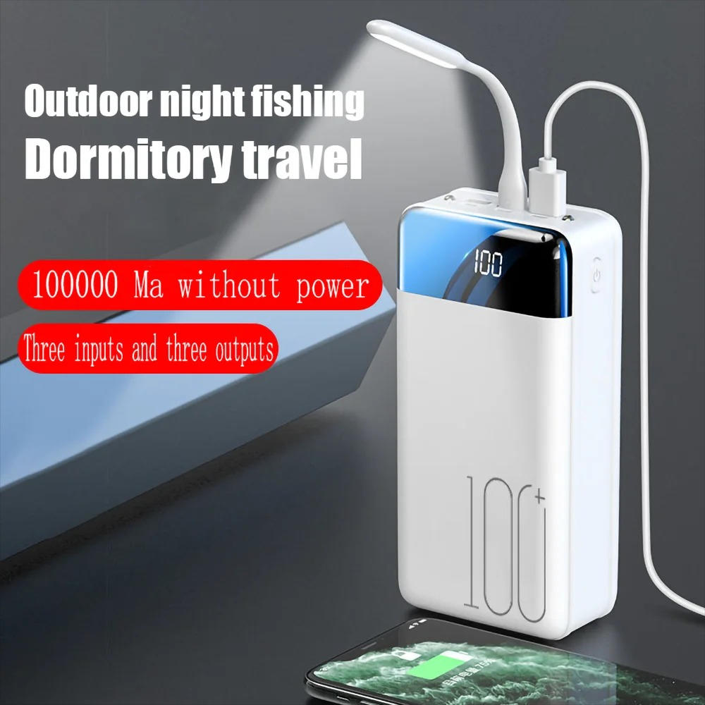 Batterie externe 100000mAh avec lampe LED, trois entrées et sorties, idéale pour la pêche nocturne et le voyage. Chargeur portable haute capacité.