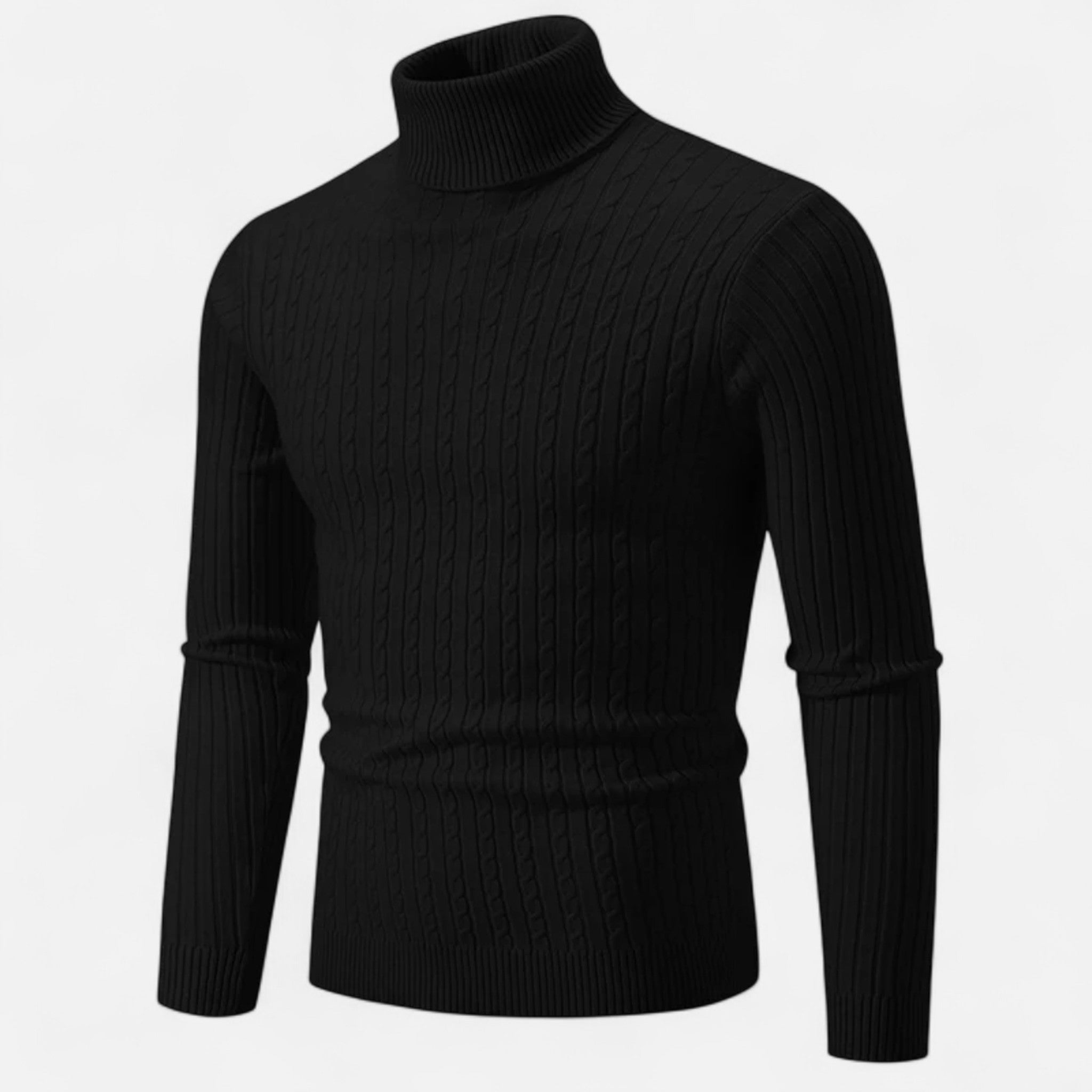 Pull col roulé noir en maille torsadée, manches longues, style élégant et moderne, idéal pour l'hiver et les tenues décontractées ou professionnelles.
