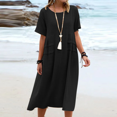 Robe décontractée en coton et lin de couleur unie avec col rond et manches courtes mi-longues