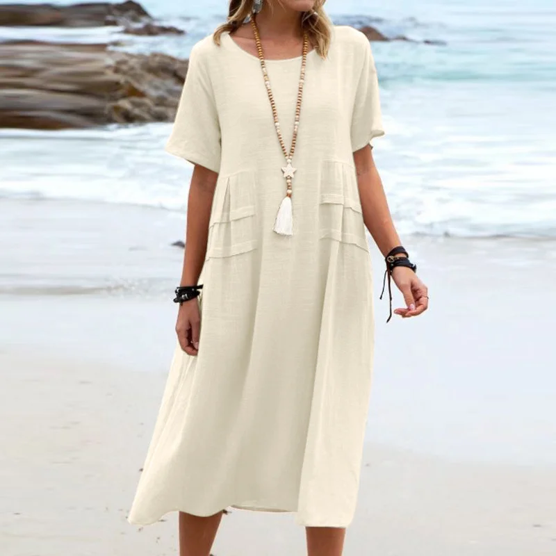 Robe décontractée en coton et lin de couleur unie avec col rond et manches courtes mi-longues
