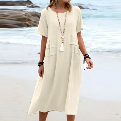Robe décontractée en coton et lin de couleur unie avec col rond et manches courtes mi-longues