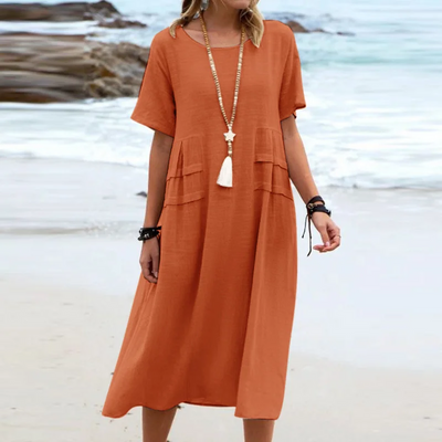Robe décontractée en coton et lin de couleur unie avec col rond et manches courtes mi-longues