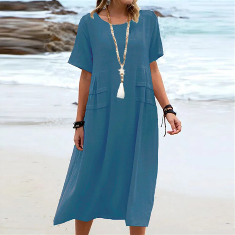 Robe décontractée en coton et lin de couleur unie avec col rond et manches courtes mi-longues