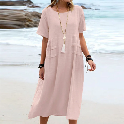 Robe décontractée en coton et lin de couleur unie avec col rond et manches courtes mi-longues