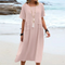 Robe décontractée en coton et lin de couleur unie avec col rond et manches courtes mi-longues