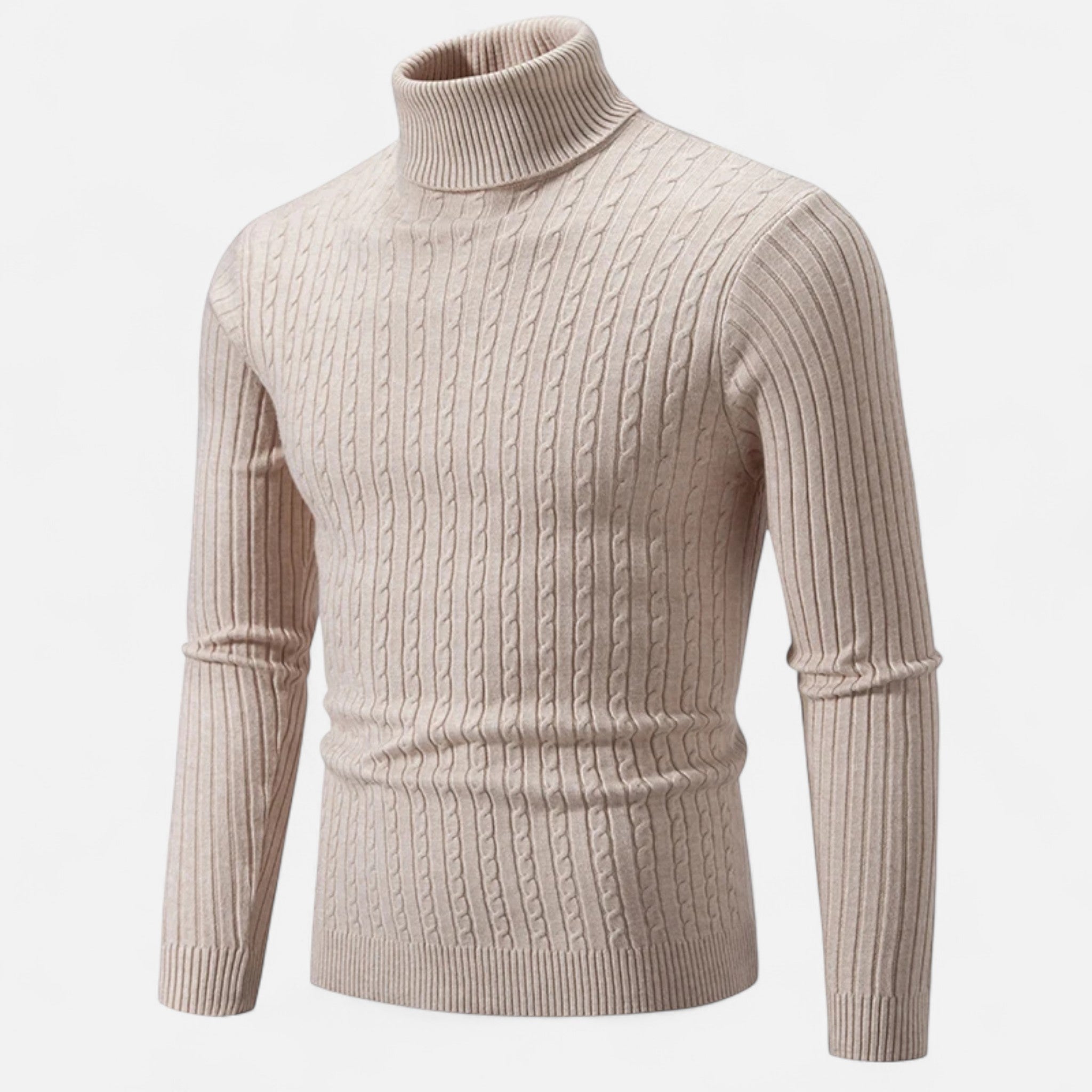 Pull col roulé beige en maille torsadée, manches longues, style élégant et chaud, idéal pour l'hiver. Mode homme, tendance et confort.