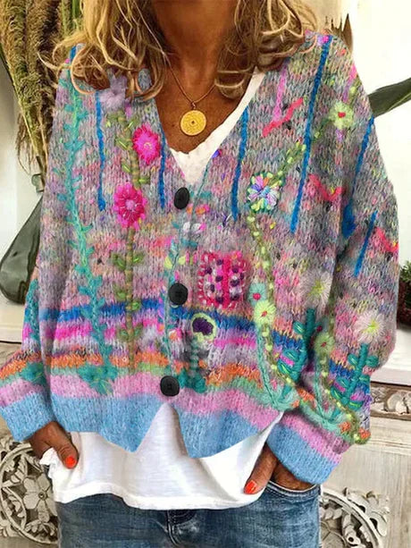 Femme portant un cardigan coloré à motifs floraux, boutons noirs, sur un t-shirt blanc, avec un collier doré. Mode bohème, style décontracté.