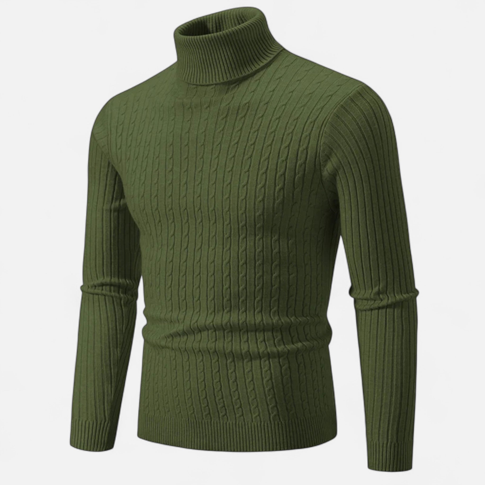 Pull col roulé vert en maille torsadée pour homme, manches longues, style élégant et moderne, idéal pour l'hiver et la mode masculine.