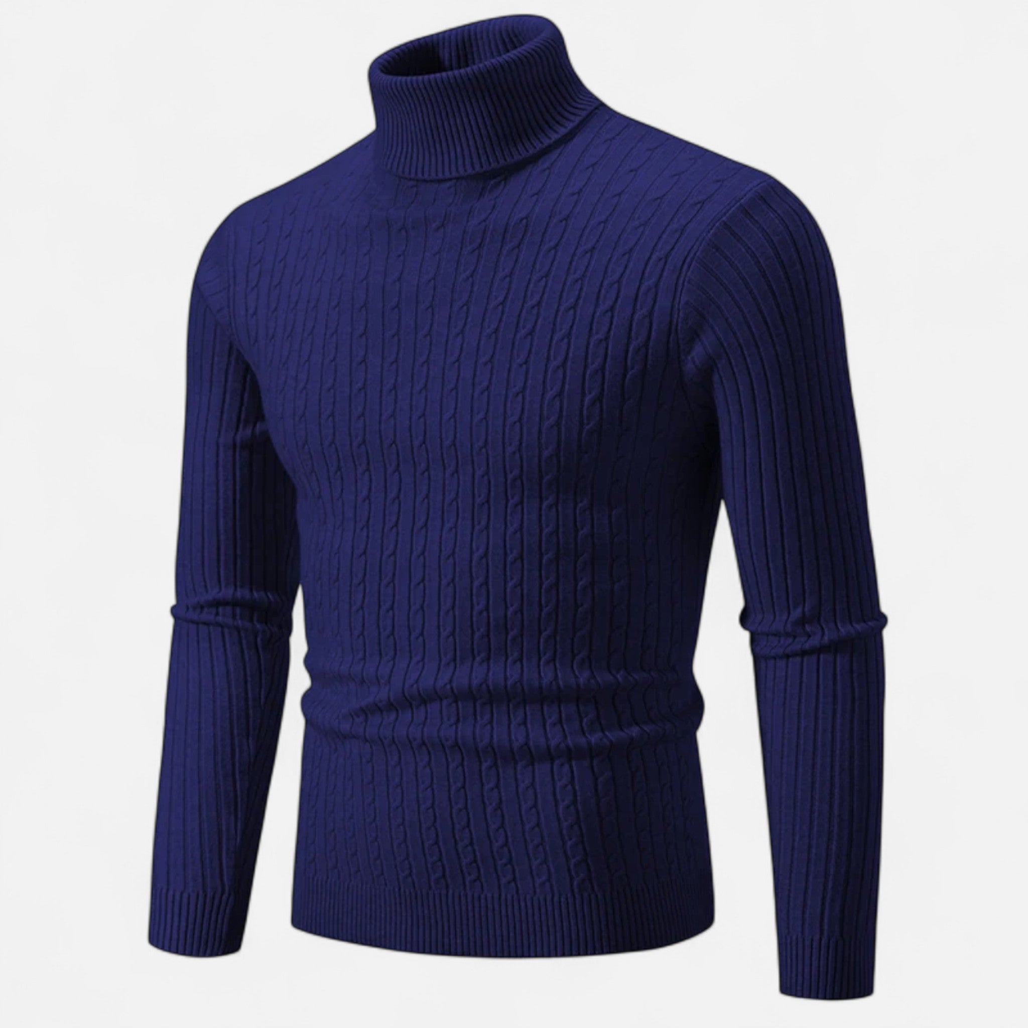 Pull col roulé bleu marine en maille torsadée, manches longues, style élégant et moderne, idéal pour l'hiver et la mode masculine.