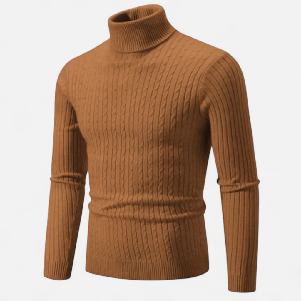 Pull col roulé marron en maille torsadée, manches longues. Mode automne-hiver, élégant et chaud, idéal pour homme. Style classique et intemporel.