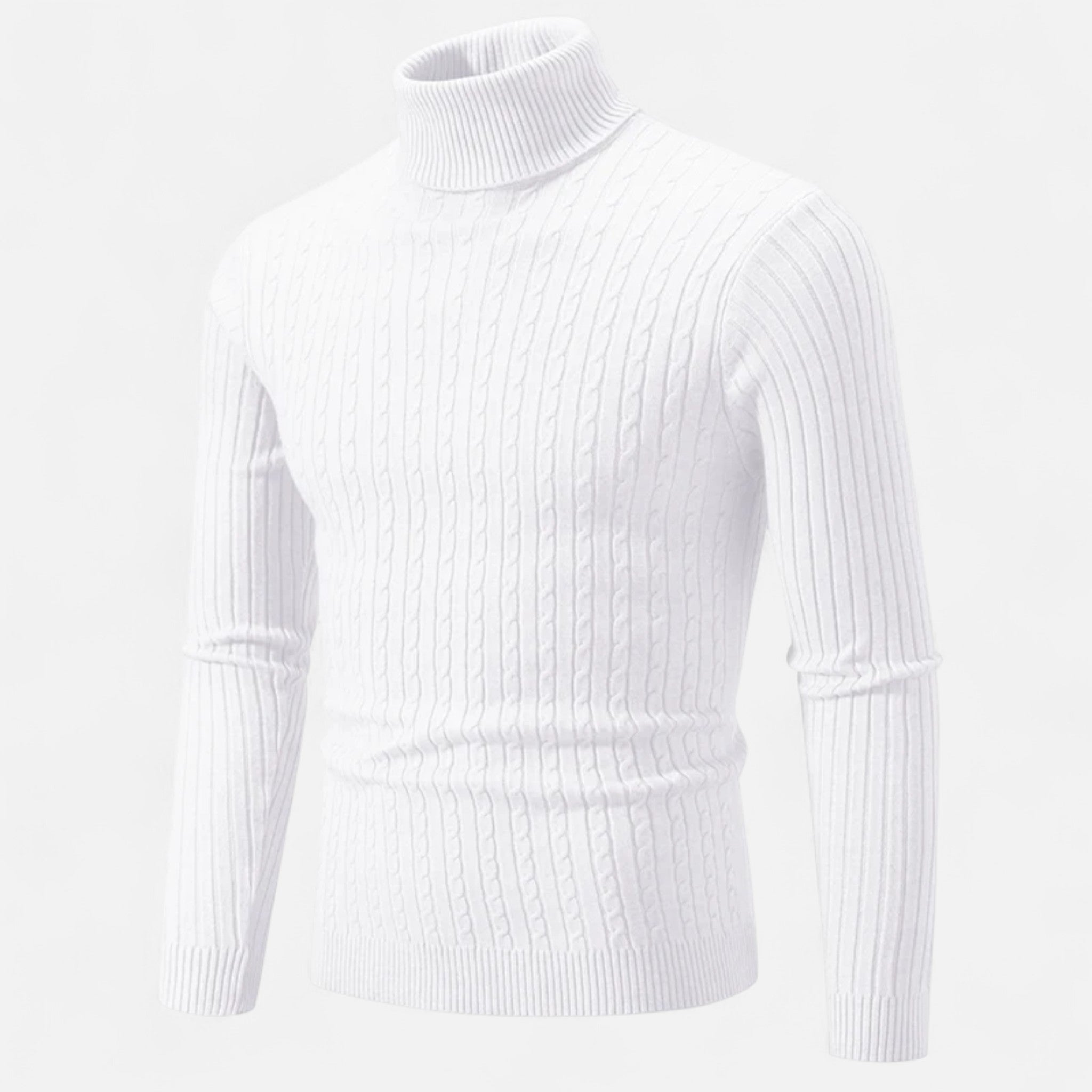 Pull-over col roulé blanc en tricot torsadé, manches longues, style élégant et moderne, idéal pour l'hiver et la mode masculine.