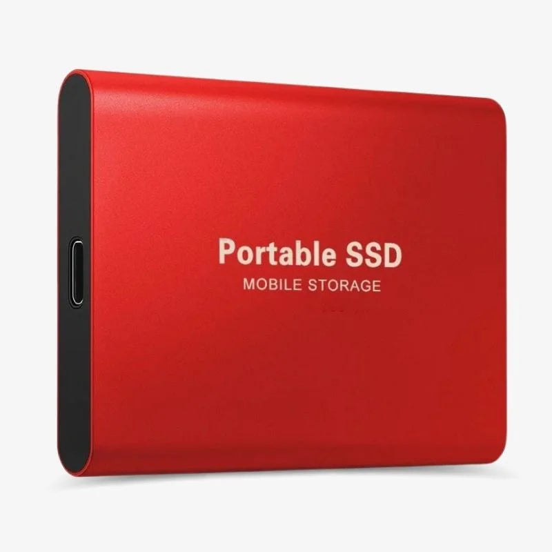 Disque SSD portable rouge, stockage mobile, connectique USB-C, design compact et moderne, idéal pour sauvegarde rapide et sécurisée des données.