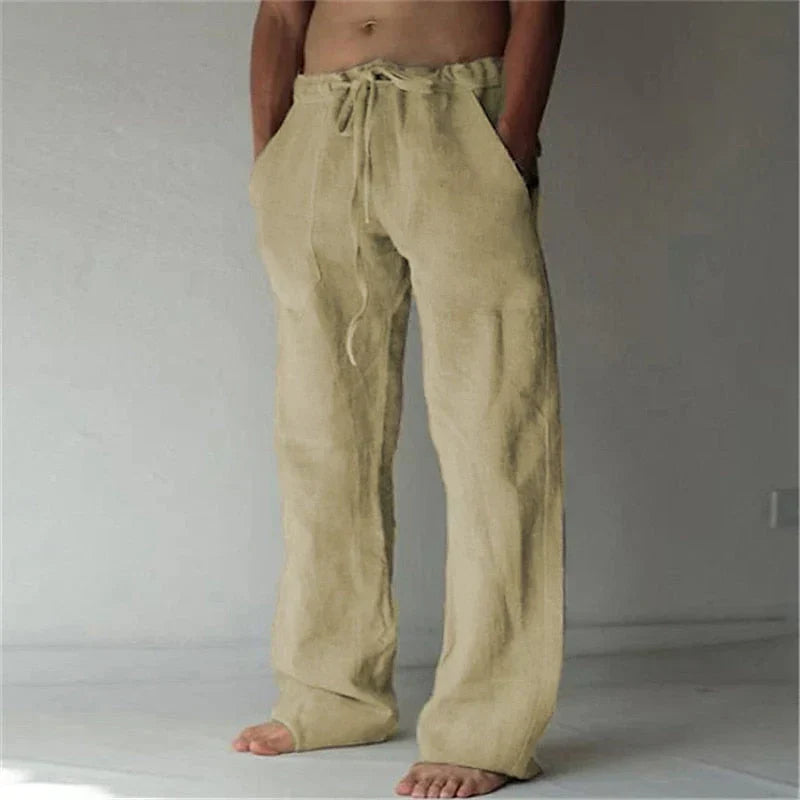 Pantalon en lin beige pour homme, coupe ample, taille élastique avec cordon, style décontracté, idéal pour l'été et les tenues décontractées.