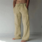 Pantalon en lin beige pour homme, coupe ample, cordon à la taille, style décontracté, idéal pour l'été et les tenues décontractées.