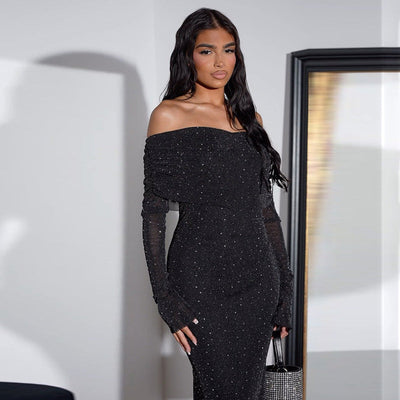 Liz - Vestido de lentejuelas con hombros descubiertos para mujer