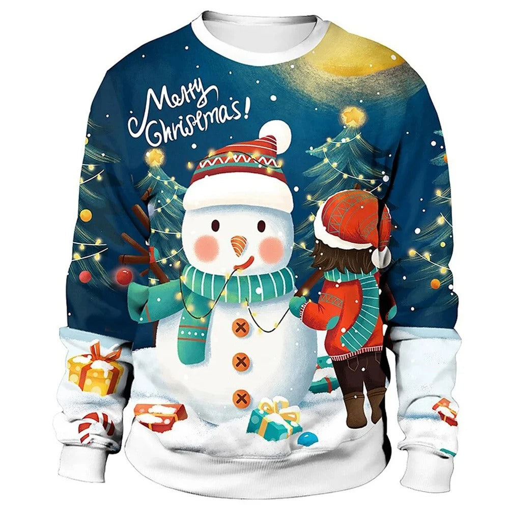 Pull à motif de Noël avec bonhomme de neige, sapins décorés, cadeaux colorés et inscription "Merry Christmas", idéal pour fêtes hivernales.