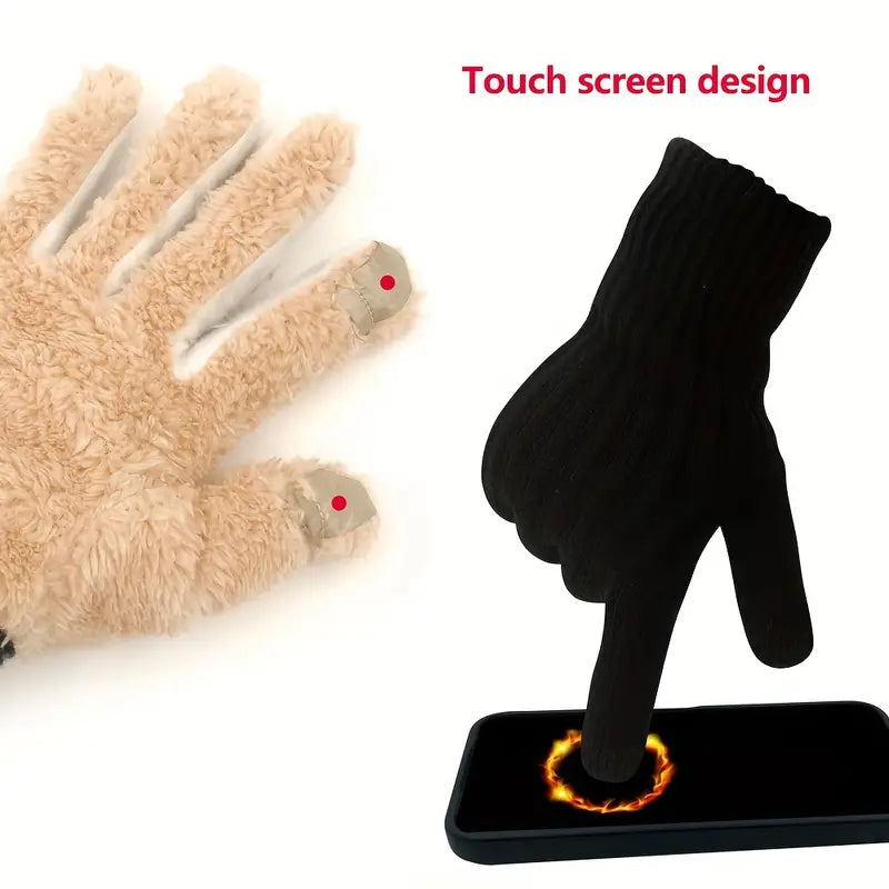 Gants tactiles en laine beige et noire, compatibles écran tactile, design moderne, confortables pour l'hiver, idéals pour smartphones et tablettes.