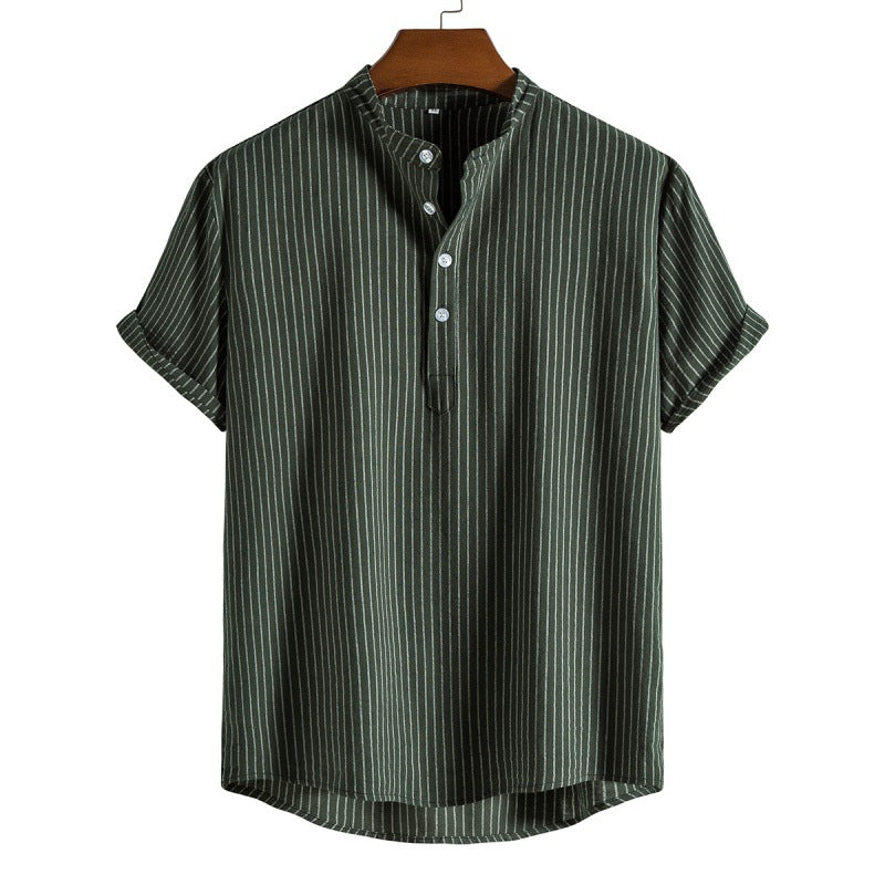 Camisa de lino a rayas para hombre con tapeta de medio botón