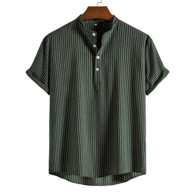 Camisa de lino a rayas para hombre con tapeta de medio botón